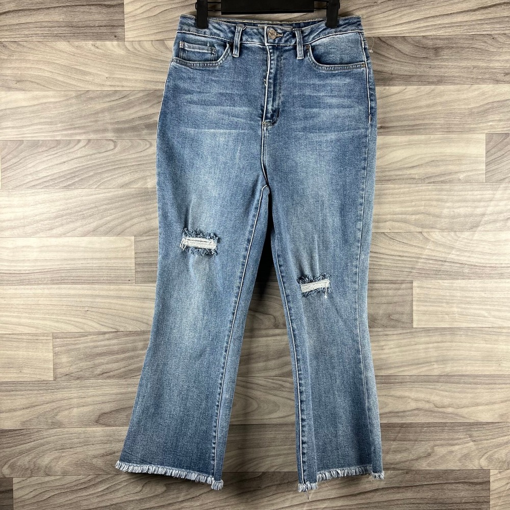 YMI Dream Cropped Jeans Womens 11/30 Juniors Blue Medium Wash Distressed Frayed